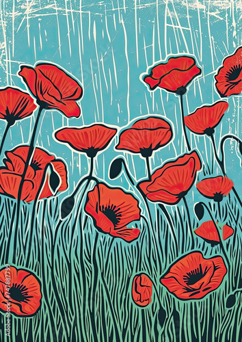 Red Poppies Field linocut Illustration as Remembrance Day peaceful symbol