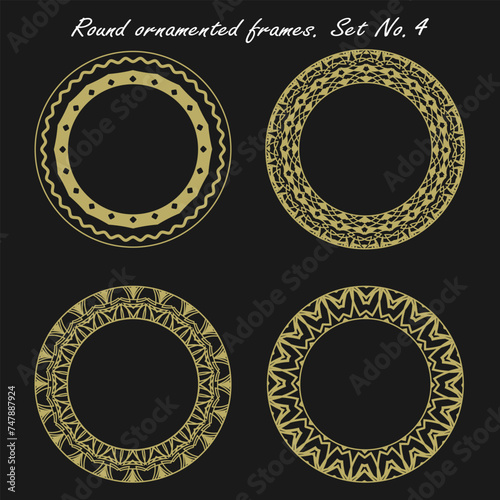 Round gold frames with vintage ornament. Collection No. 4. Vector set