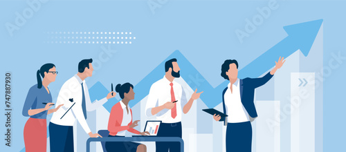 Presentation, vision, strategy . The female leader. Discussing business plan. Vector illustration 