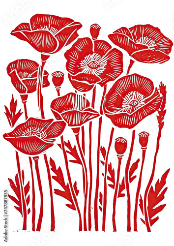 Red Poppies Field linocut Illustration as Remembrance Day peaceful symbol