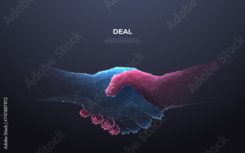 Abstract digital partnership concept. Handshake consists of polygons, lines, and connected dots. Blue and red or pink colors. The best deal icon on technology background. Business vector illustration.