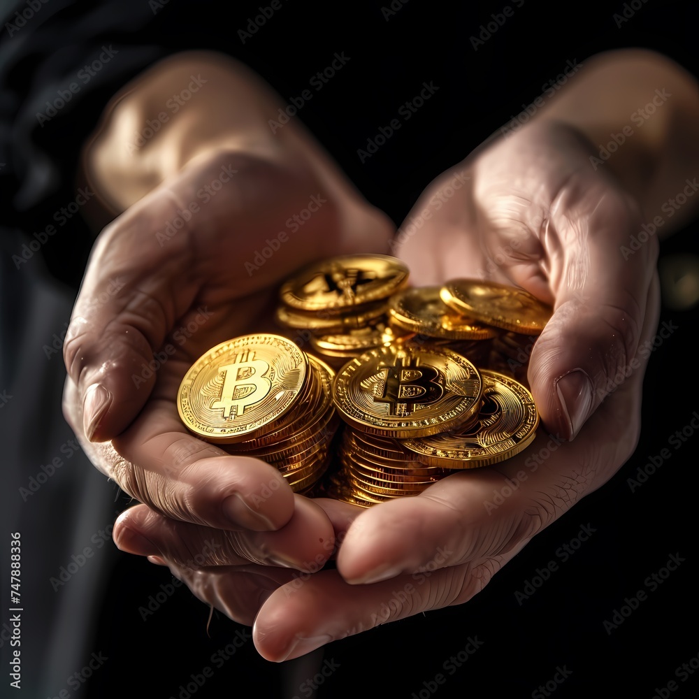 A close-up of hands presenting a collection of golden Bitcoin coins, symbolizing wealth in cryptocurrency. The hands emerge from darkness, focusing attention on the digital currency's potential. AI A close-up of hands presenting a collection of golden Bitcoin coins, symbolizing wealth in cryptocurrency. The hands emerge from darkness, focusing attention on the digital currency's potential. AI