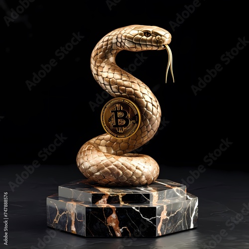 A serpent encircles a Bitcoin on a marble pedestal, a potent representation of the intertwining of natural instinct with economic evolution. AI Generative
