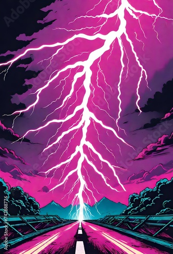 cartoon illustration 1980s style neon colored heavy metal rock and roll concert gig poster lightning 