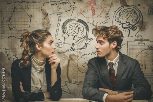 Female worker specialist in psychology analyzes words of interlocutors and draws conclusions of solving problems. Men talk while looking at each other photo