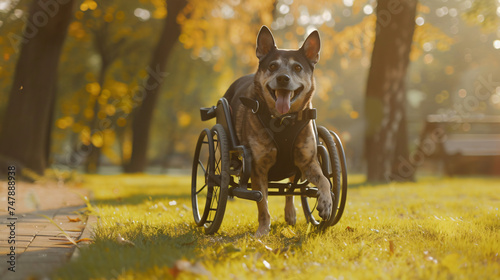 Disabled dog in a wheelchair walks in the park.