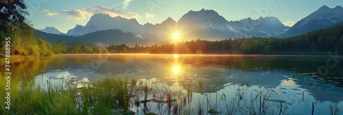 impressive summer sunrise on eibsee lake with zugspitze mountain range sunny outdoor scene in german alps bavaria germany europe beauty of nature concept background #747888955
