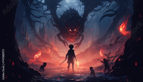 dark fantasy concept showing the boy with a torch facing smoke monsters with boy