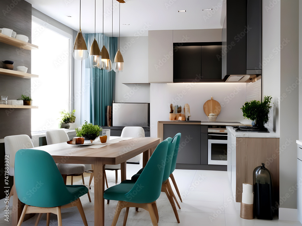 Empty minimalist kitchen with scandinavian style with wooden and white details, luxury kitchen interior in white tone