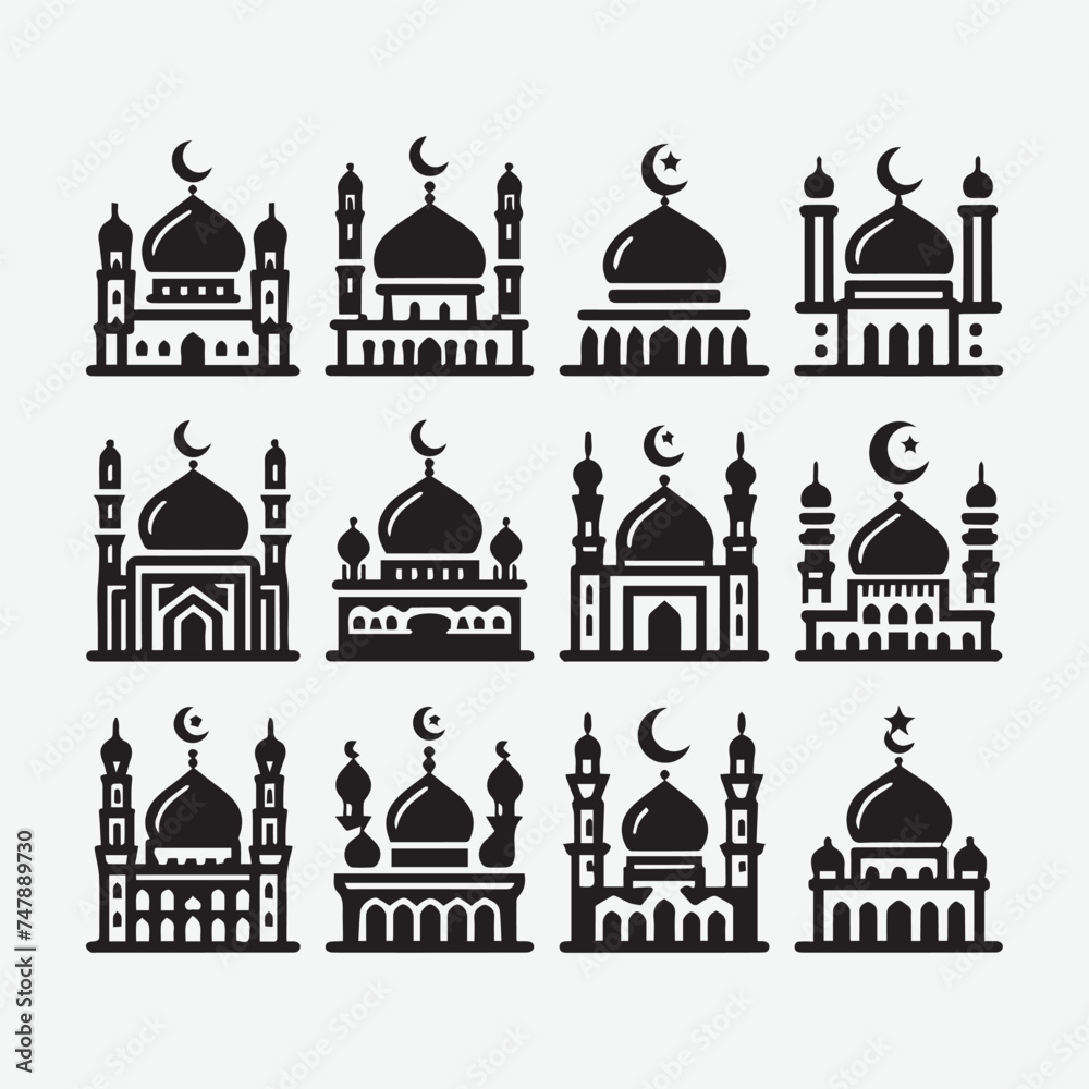 Islamic mosque with moon, stars vector. Greeting Banner Template Illustration