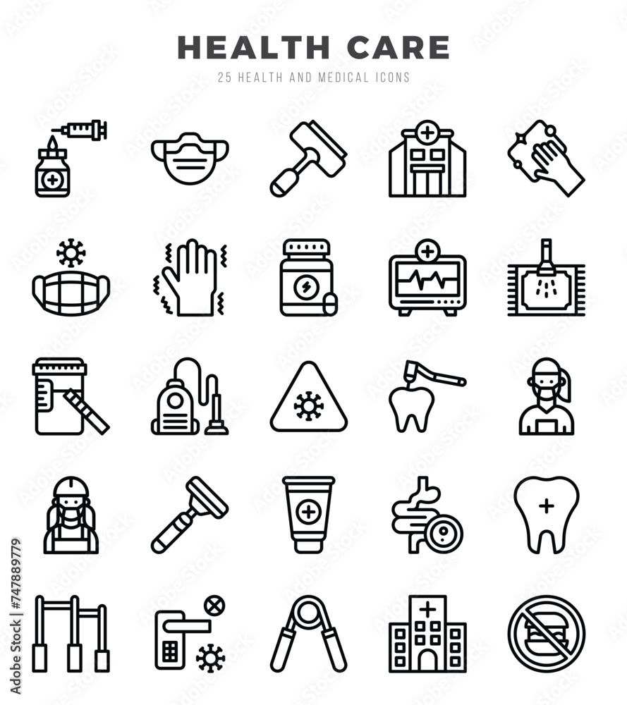 Obraz premium Set of HEALTH CARE Icons. Simple Lineal art style icons pack. Vector illustration.