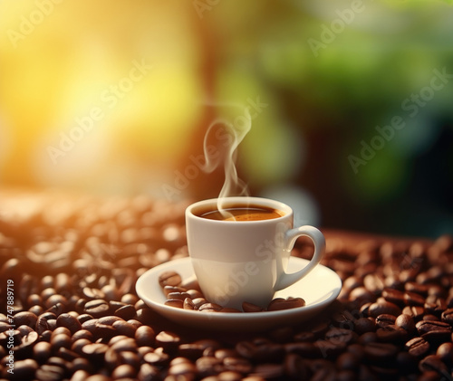 Cup of cappuccino with latte art, coffee beans warm glow. Hot drink background
