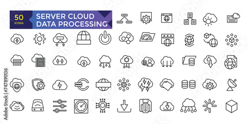 Server Cloud computing and data processing icon set, cloud services, server, cyber security, digital transformation. Outline icon collection.