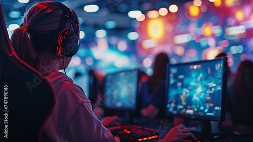 A focused individual at a gaming event, wearing headphones, is intently engaged in an online game, with vibrant screens and colorful lights creating an energetic atmosphere.