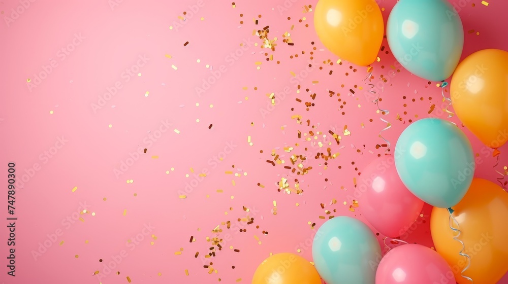 Balloons with confetti. Background template design with helium balloons for Party for Birthday and anniversary celebration, carnival. weddings and valentine's day and international women's day Balloons with confetti. Background template design with helium balloons for Party for Birthday and anniversary celebration, carnival. weddings and valentine's day and international women's day