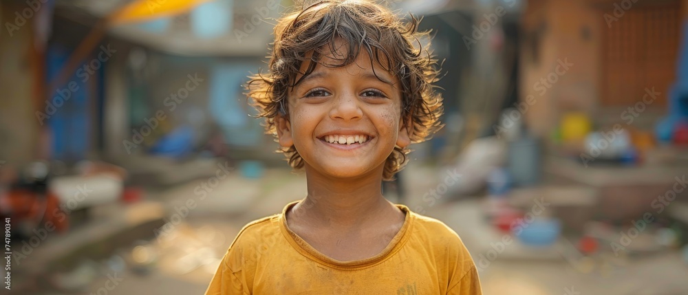 The 19th of October, 2017 in Agra, India includes a portrait of an Indian poor child smiling - obrazy, fototapety, plakaty 