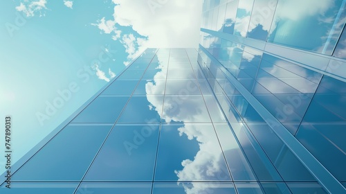 A low angle view of futuristic architecture, an office building with a skyscraper that has the reflection of a cloud in the window.