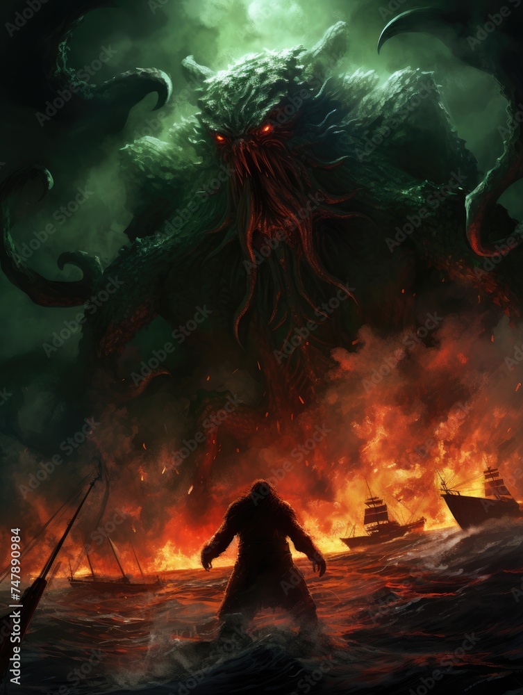 Dark fantasy scene showing Cthulhu the giant sea monster destroying ships Dark fantasy scene showing Cthulhu the giant sea monster destroying ships