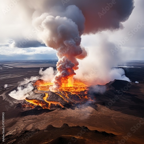 Daytime volcanic eruption on Reykjanes peninsula. Lava shoots