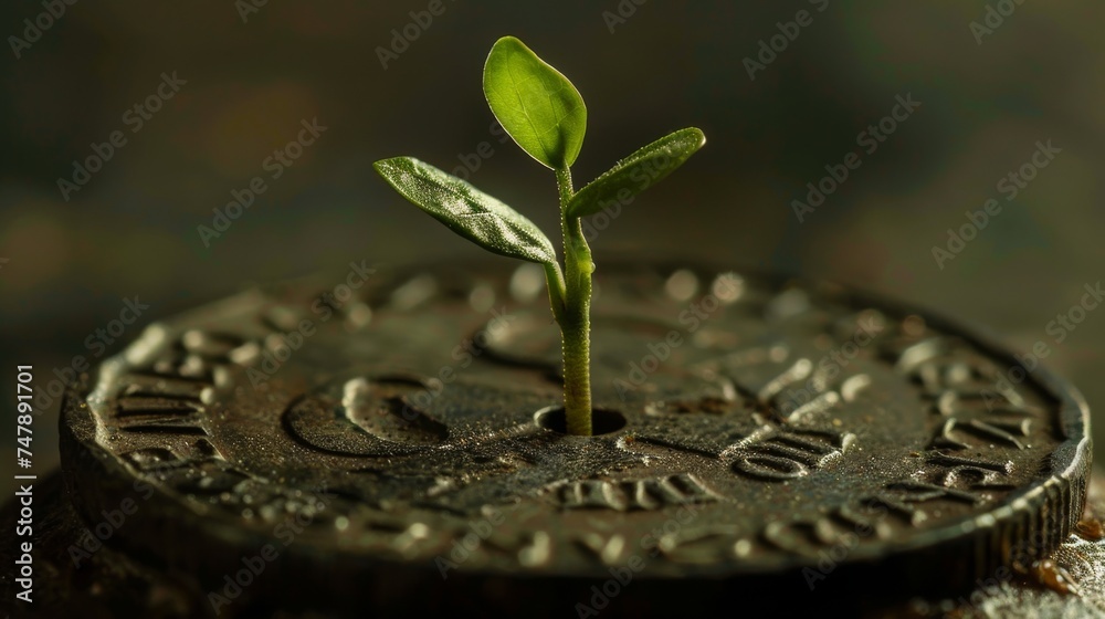 symbol of growth and prosperity is captured in this image, where a vibrant green sprout emerges from an intricately designed coin