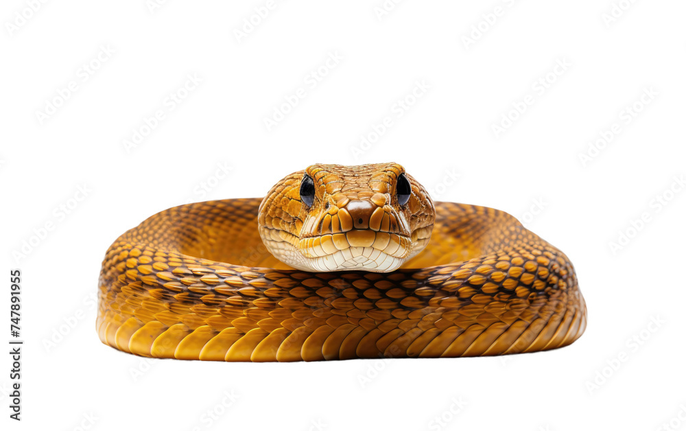 Fototapeta premium A brown snake with scales slithering on a plain white background. The snakes curving body and sharp eyes are prominent in the stark setting.