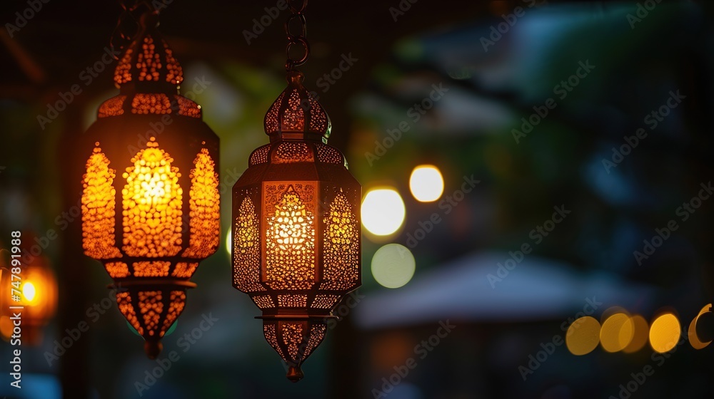 Arabesque lanterns illuminate the night, casting a soft glow and creating an atmosphere of peace and tradition. Suitable for cultural and spiritual themes, offering a serene background