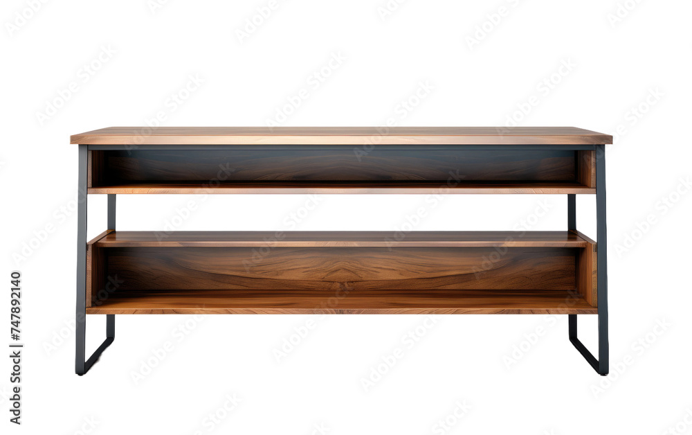 A wooden shelf with sturdy metal legs supporting a polished wooden top, providing a stable surface for displaying and storing items in a room. A wooden shelf with sturdy metal legs supporting a polished wooden top, providing a stable surface for displaying and storing items in a room.