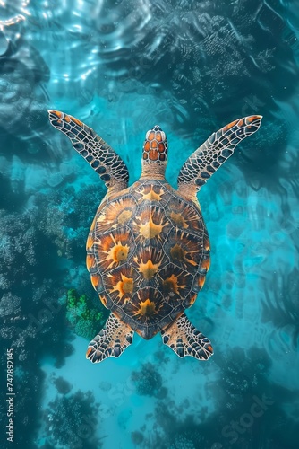 Graceful sea turtle swimming over coral reef in clear blue water