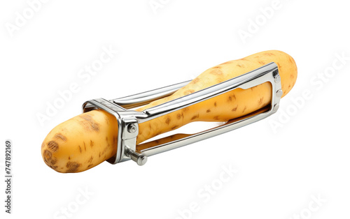 A potato peeler with a handle is shown against a plain white background. The tool is designed for efficiently peeling potatoes, featuring a sharp blade attached to a comfortable grip for ease of use.