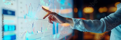 Image of a business professional either a man or a woman pointing to an interactive graph in a corporate setting The image is in the style of soft edges and blurred details with a focus on the hand po