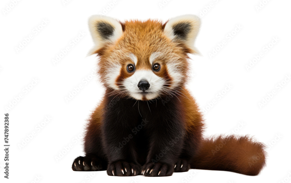 Fototapeta premium A red panda is seated on the ground, facing the camera directly. The adorable mammal has a curious expression, with its fluffy red fur clearly visible.