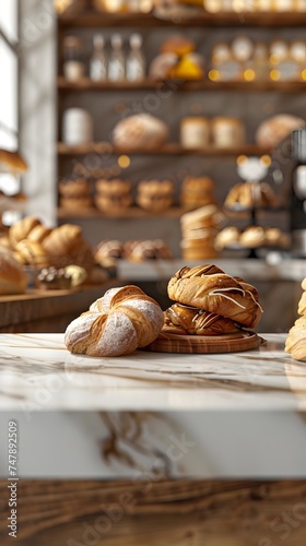 An image of a bakery counter displaying a variety of fresh bread and pastries in the style of