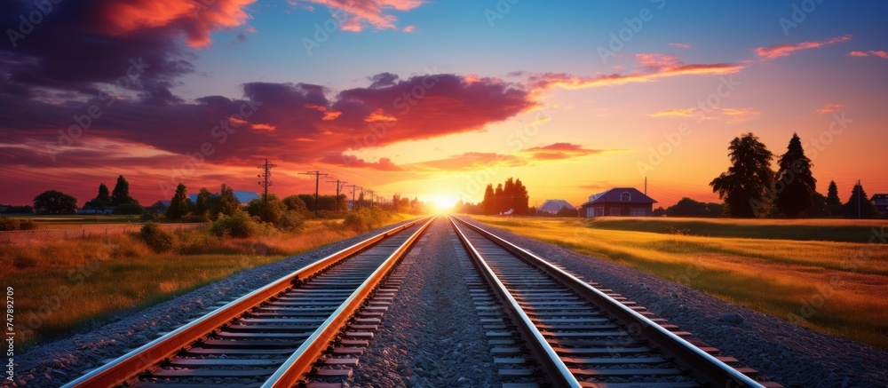 Railroad tracks at sunset. Panoramic view of railway track.