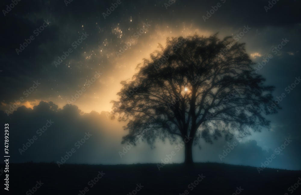 Dark silhouette of a tree against a backlit sky