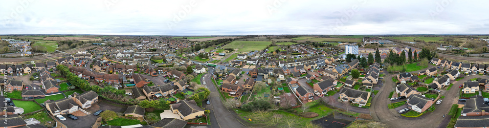 High Angle Ultra Wide Panoramic View of Arseley Town of England UK. The Footage Was Captured During Cloudy and Rainy Day of Feb 28th, 2024