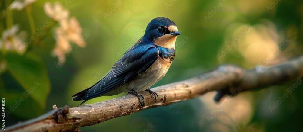A small blue bird, likely a young swallow, gracefully perched on a tree branch in a contented manner.