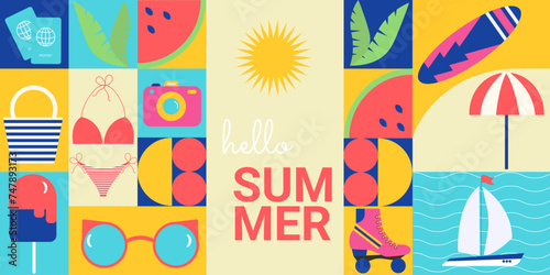 Horizontal bright background with simple geometric shapes. The concept of a summer vacation on the beach. Suitable for postcards, covers, and advertisements. 2.