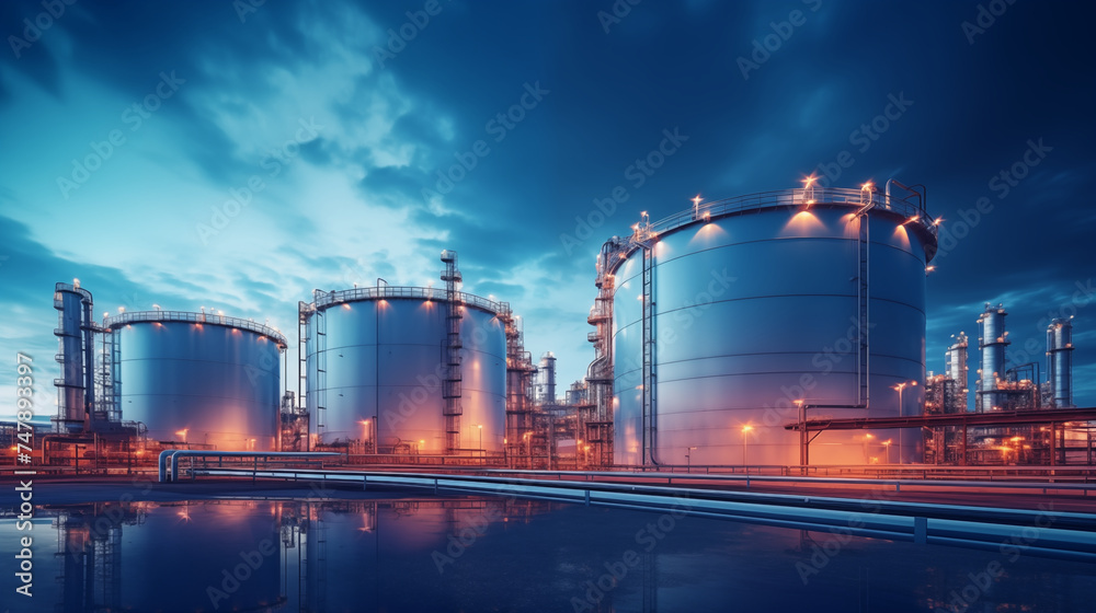Oil and gas plant with storage tanks for oil production.
