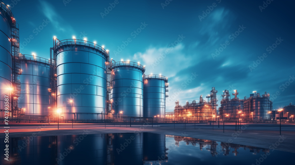 Oil and gas plant with storage tanks for oil production.