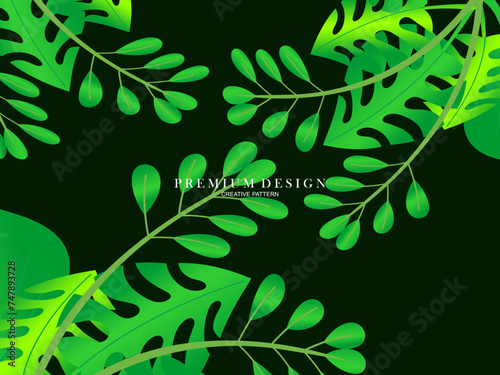 Seamless vector abstract tropical leaves background. Repeating tropical leaf pattern. Green foliage border. Summer and spring design elements. Beautiful leaf decoration.