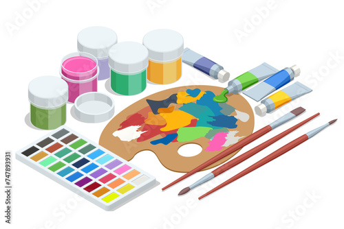 Isometric painting tools elements vector set, artistic accessories, gouache, many brushes, paint tubes, brushes, pencil, watercolor, and palette