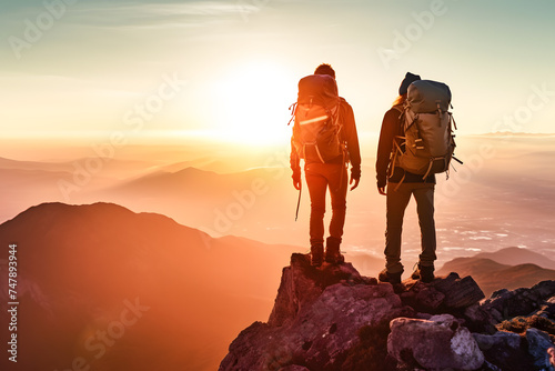 Two hikers on mountain summit at sunset, admiring the sky and landscape