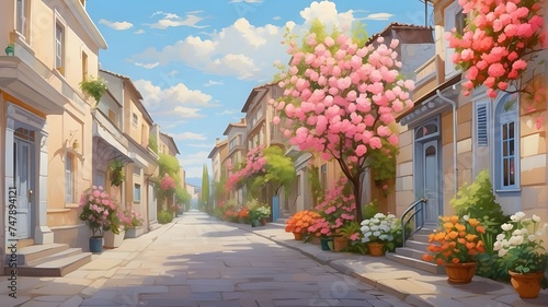 painting in the horizontal style depicting a country street with blossoming flowers adorning the home facades. Cityscape in the summer © Shehzad
