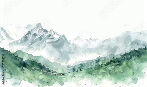 minimalistic watercolor background frame with space for text, towering mountains reaching up to the sky
