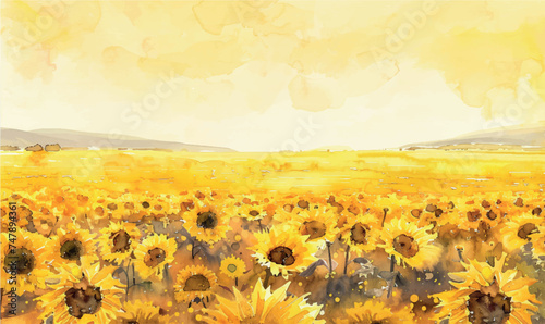 minimalistic watercolor background border with space for text, flight over picturesque sunflower fields, yellow flowers cover every corner of the scene