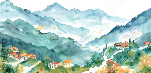 
minimalistic watercolor background border with space for text, a village in mountainous terrain, Houses are scattered along winding roads, with tall mountain peaks visible above