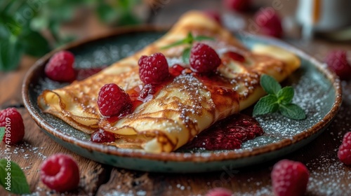 sweet pancakes with raspberries in a plate