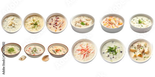 Collection of chowder isolated on a white background as transparent PNG