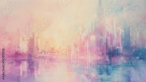 A beautiful watercolor depiction of a futuristic cityscape with pastel hues adding a soft