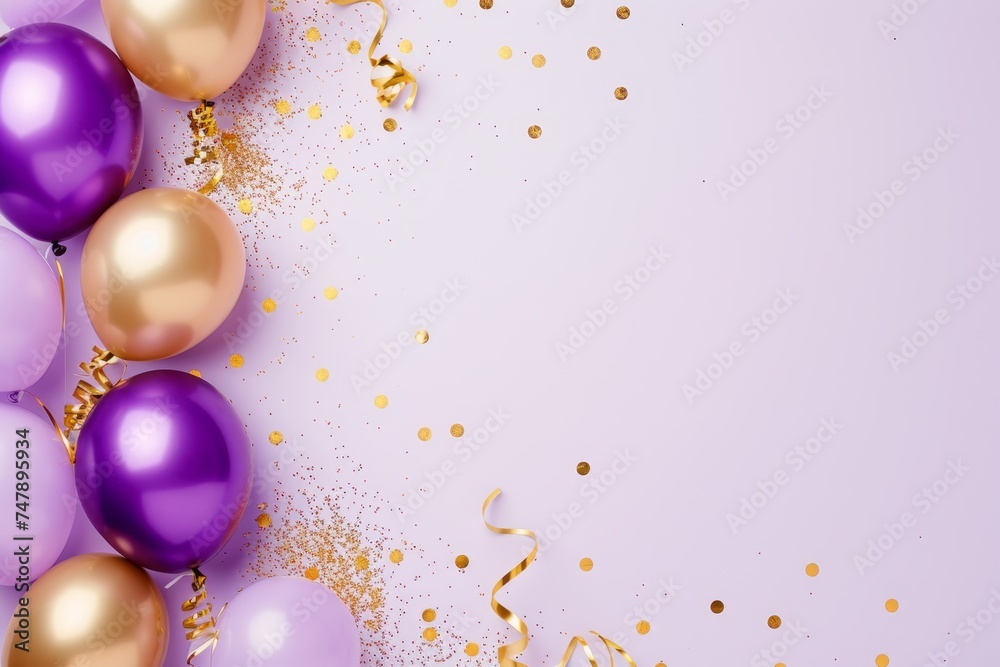 Balloons with confetti. Background template design with helium balloons for Party for Birthday and anniversary celebration, carnival. weddings and valentine's day and international women's day Balloons with confetti. Background template design with helium balloons for Party for Birthday and anniversary celebration, carnival. weddings and valentine's day and international women's day